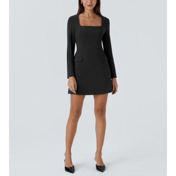 Halara Long Sleeve Square Neck Mini Cargo Work Dress Sz Small Black - Picture 1 of 16